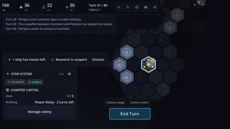 The mid-match board with the turn cap on the HUD