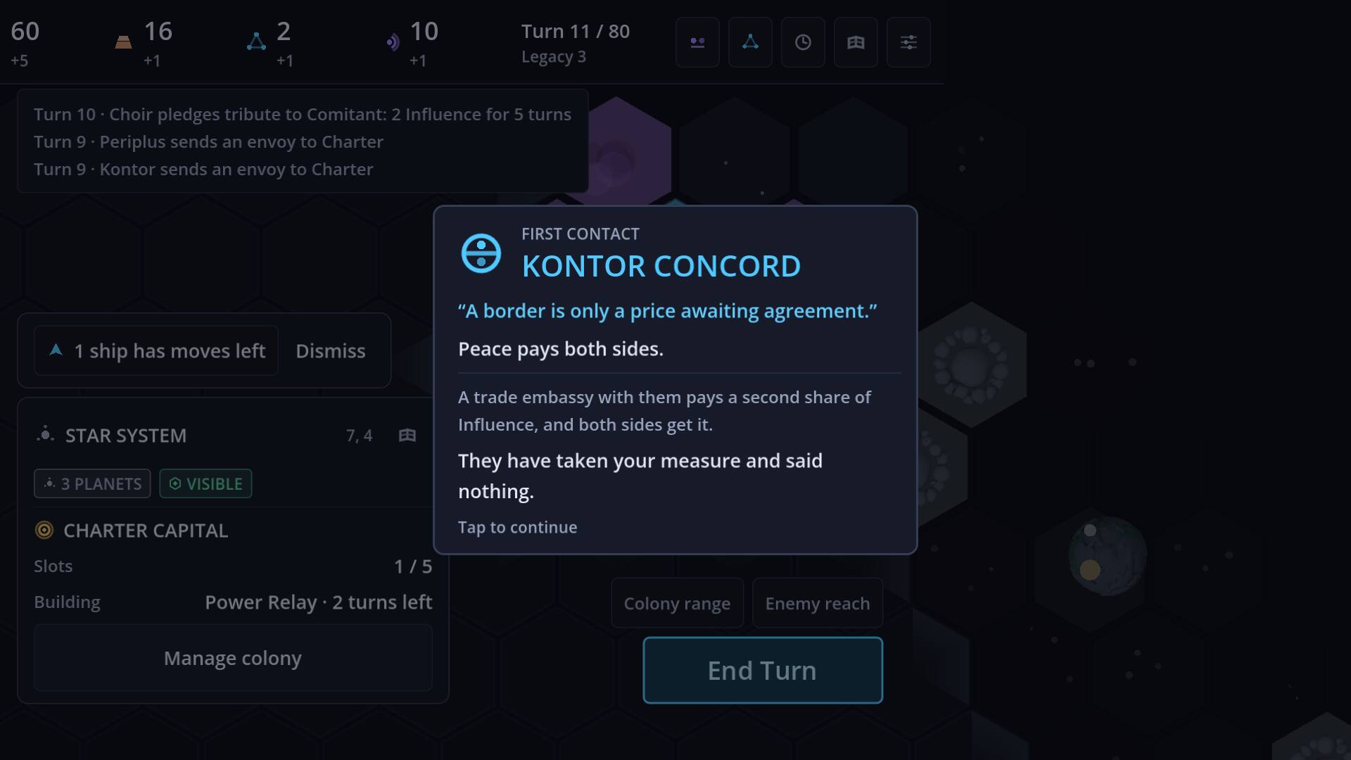 The first contact card for the Kontor Concord, quoting a border is only a price awaiting agreement, with their trade embassy mechanic underneath