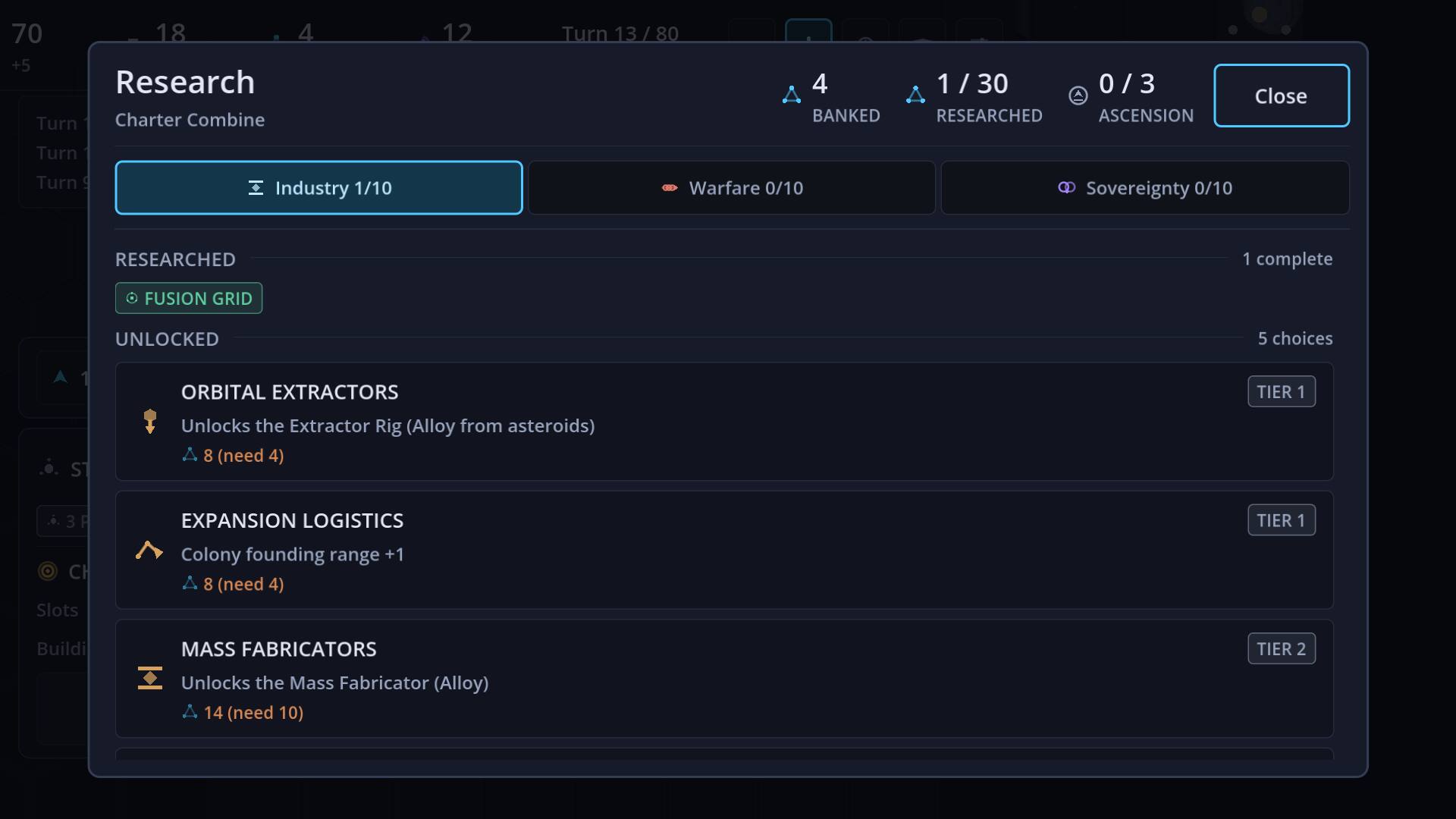 The research screen: the Industry branch with Fusion Grid researched and Orbital Extractors, Expansion Logistics and Mass Fabricators offered with their costs