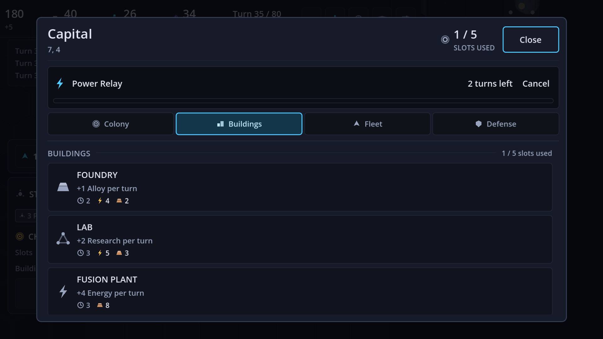 The capital screen on the buildings tab: a Power Relay under construction, with Foundry, Lab and Fusion Plant offered with build times and costs