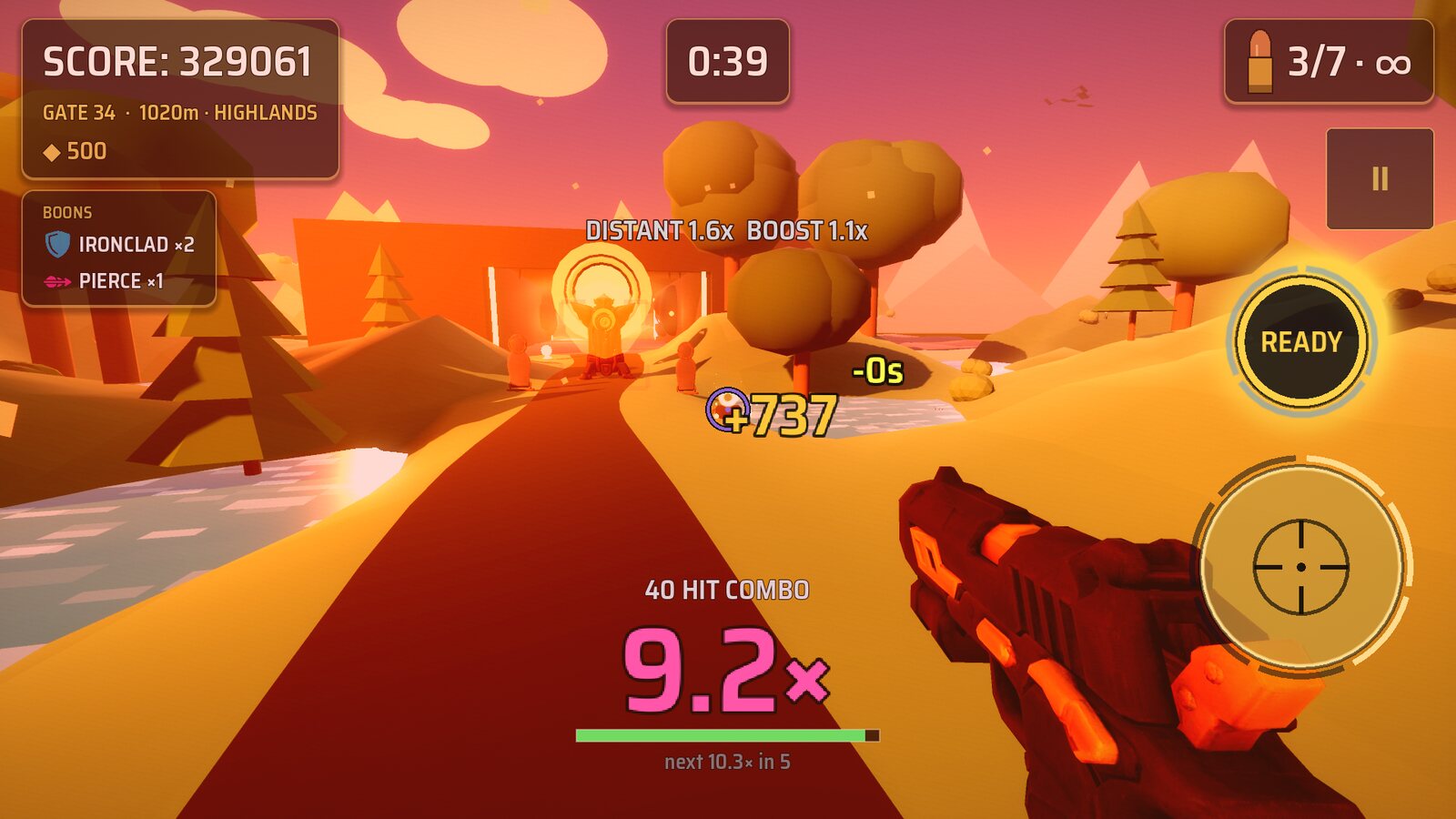 First person view down a golden highlands range with a 40 hit combo and a 9.2x multiplier on screen