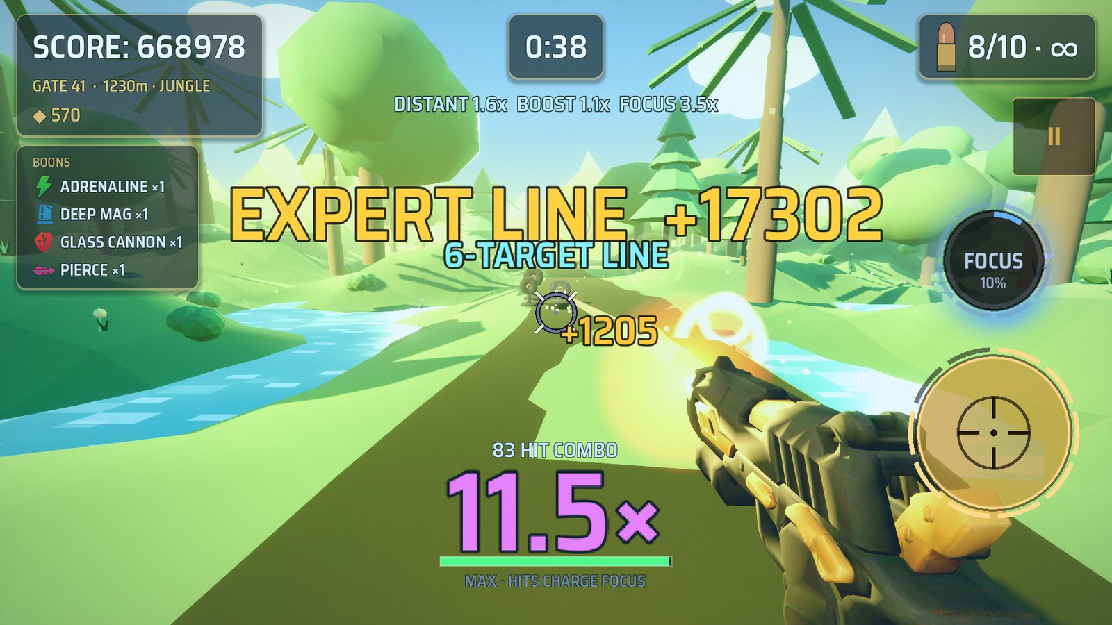 FOCUS bullet time linking six targets into one line for a 17302 point payout in a jungle range