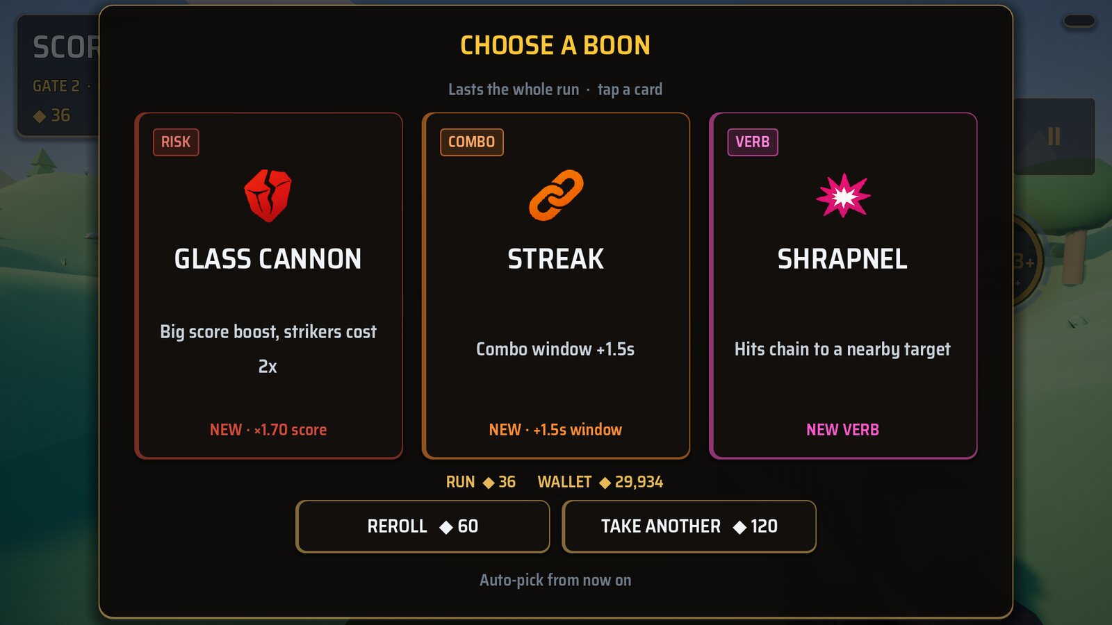 The boon chamber offering Glass Cannon, Streak and Shrapnel cards between gates