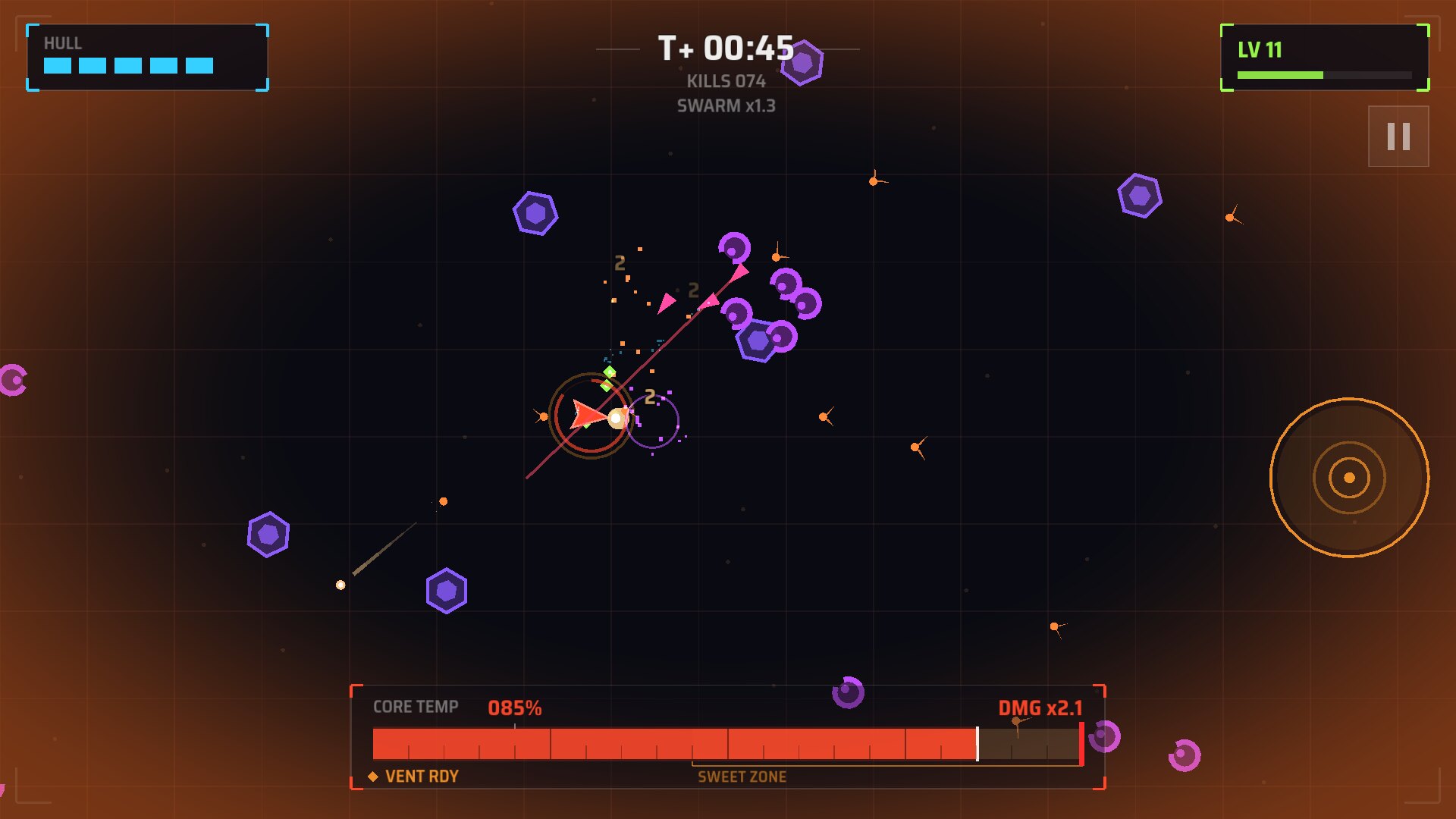The heat bar at 85 percent, reading DMG x2.1 next to SWARM x1.3, with the arena tinted amber