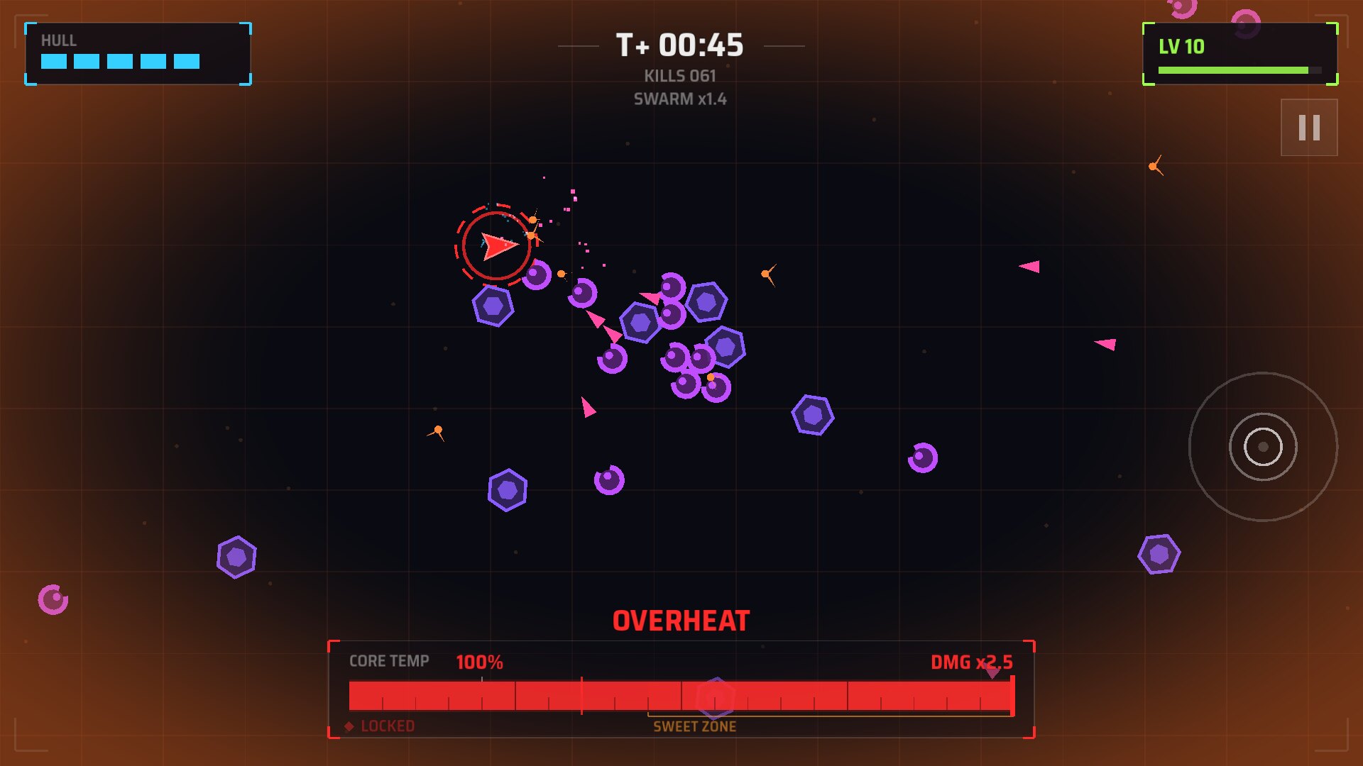 OVERHEAT across the screen, the core at 100 percent, the drone ringed in red and locked out with the swarm closing in