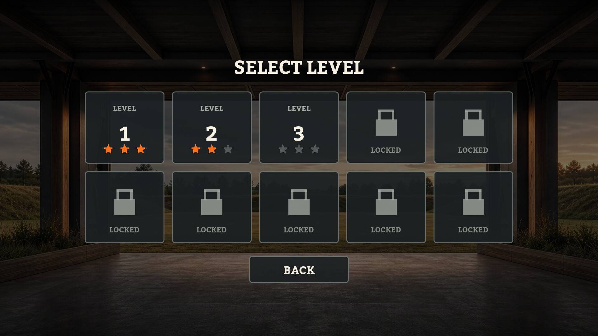 The level select screen: level 1 with three stars, level 2 with two, level 3 open and unplayed, the rest locked