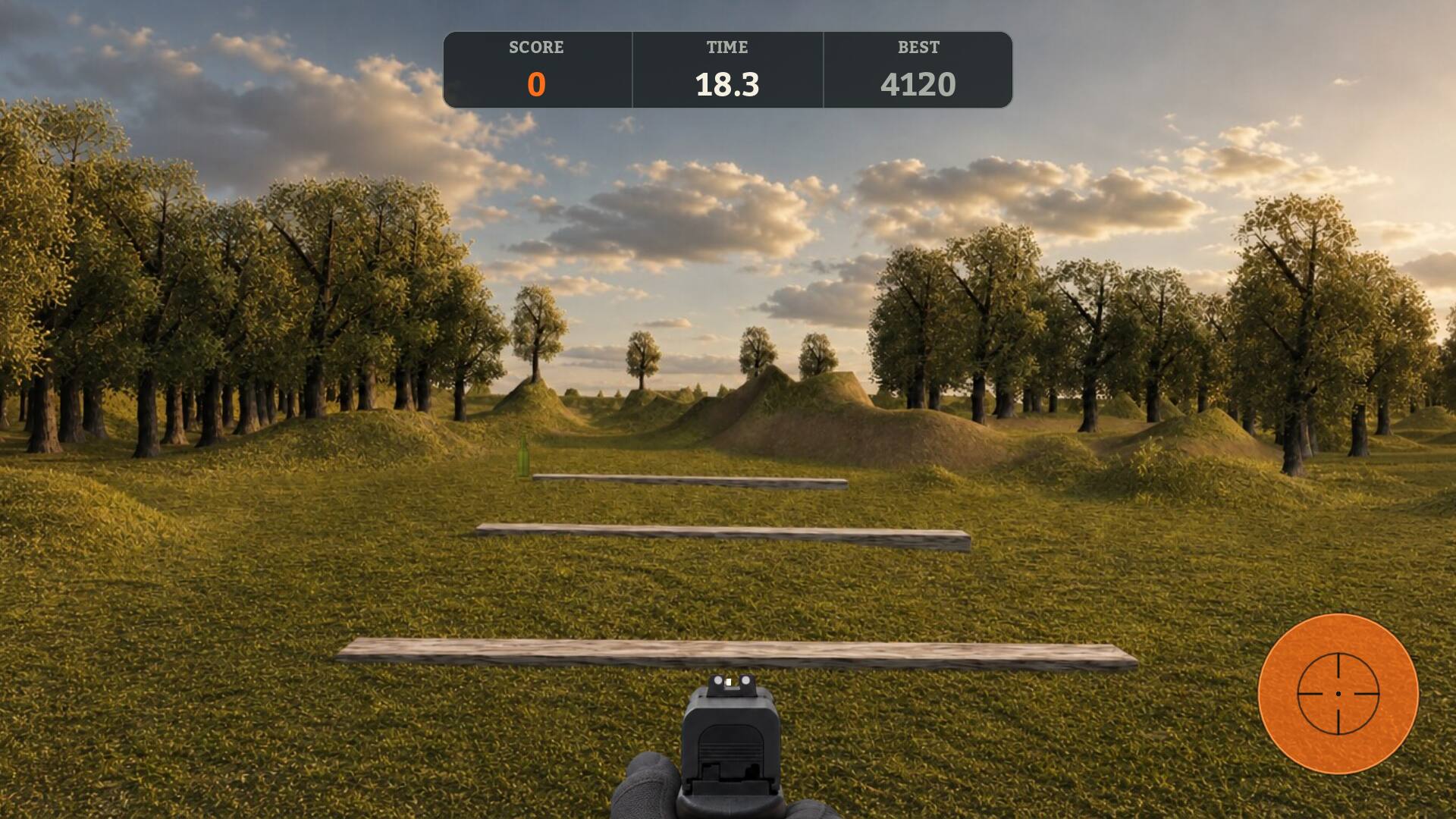 Continual mode at dusk: three empty planks across the range, one bottle standing at the back, 18.3 seconds on the clock