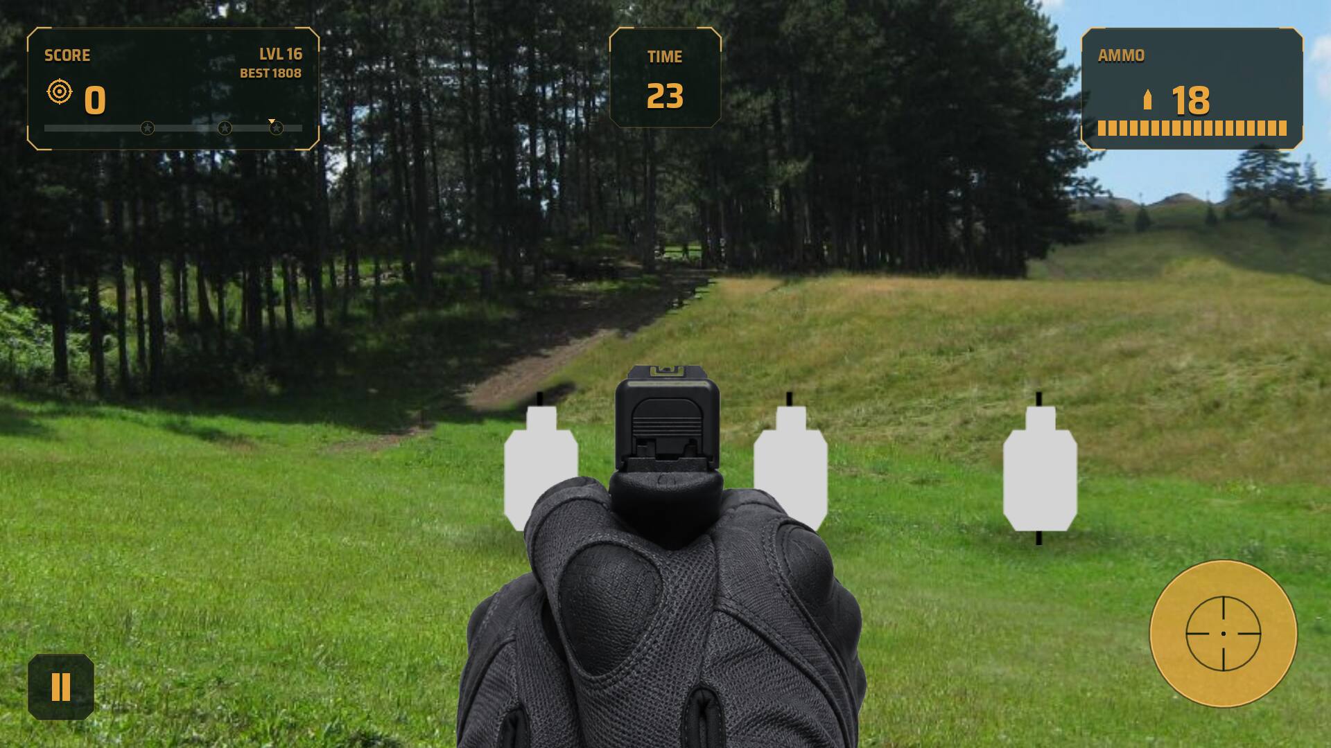 Iron sights lined up on three paper silhouettes standing at different distances down a grass range, with 23 seconds and 18 rounds left