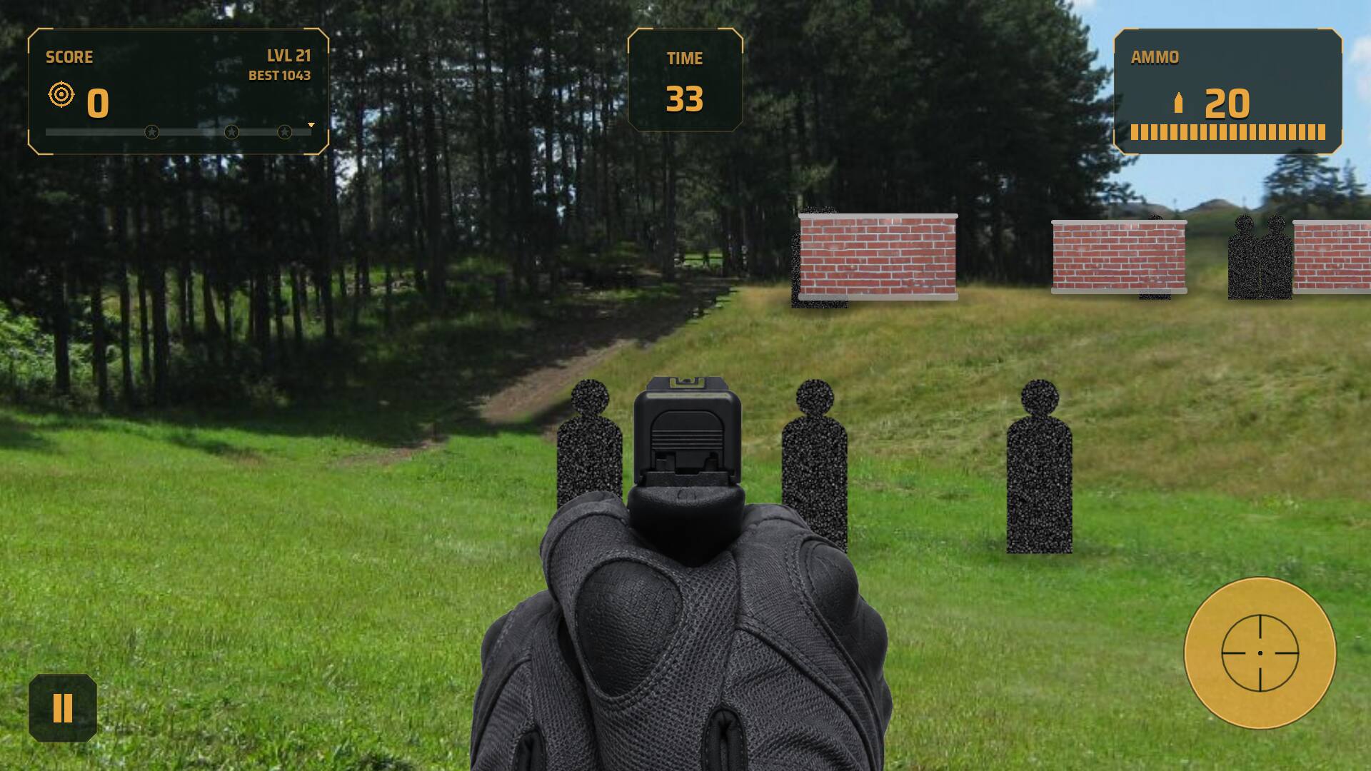 Level 21: black silhouette targets standing in the open and behind brick walls at three depths down the range