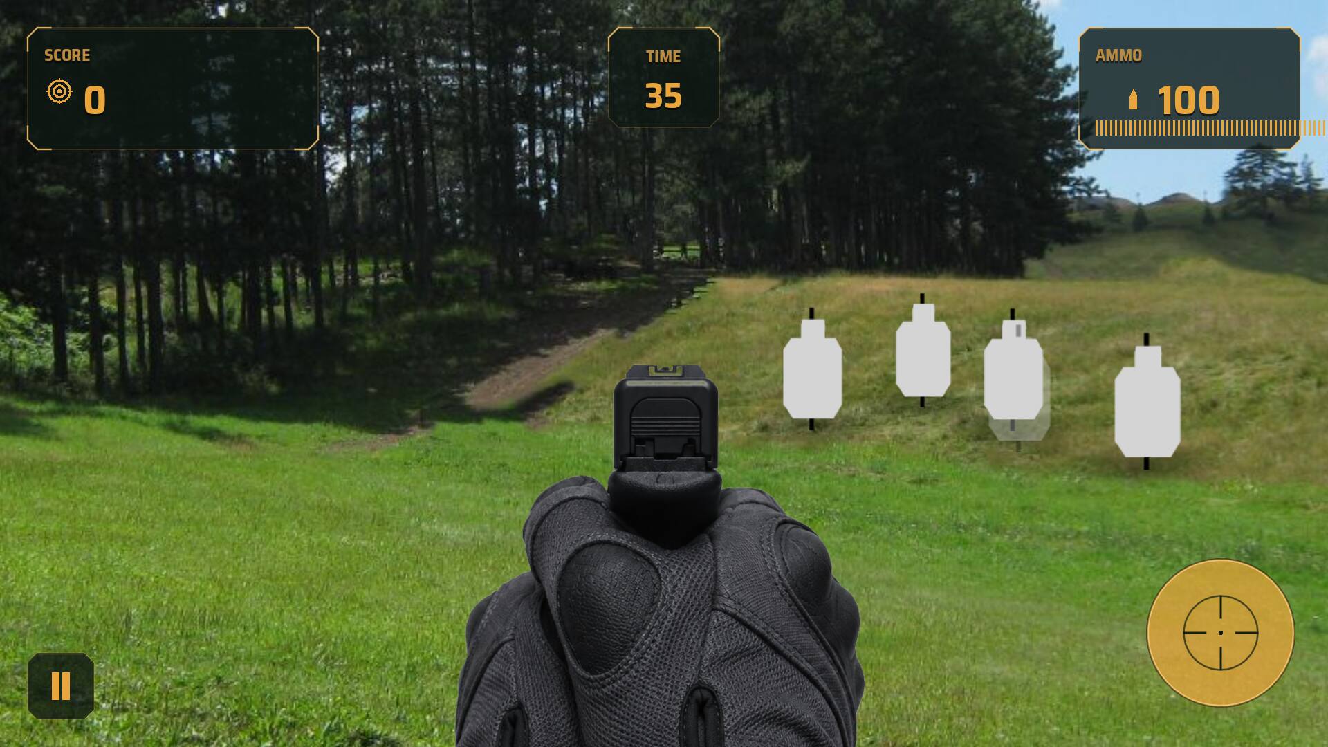 Arcade mode with 100 rounds and 35 seconds left, five paper targets spread across the range at different depths