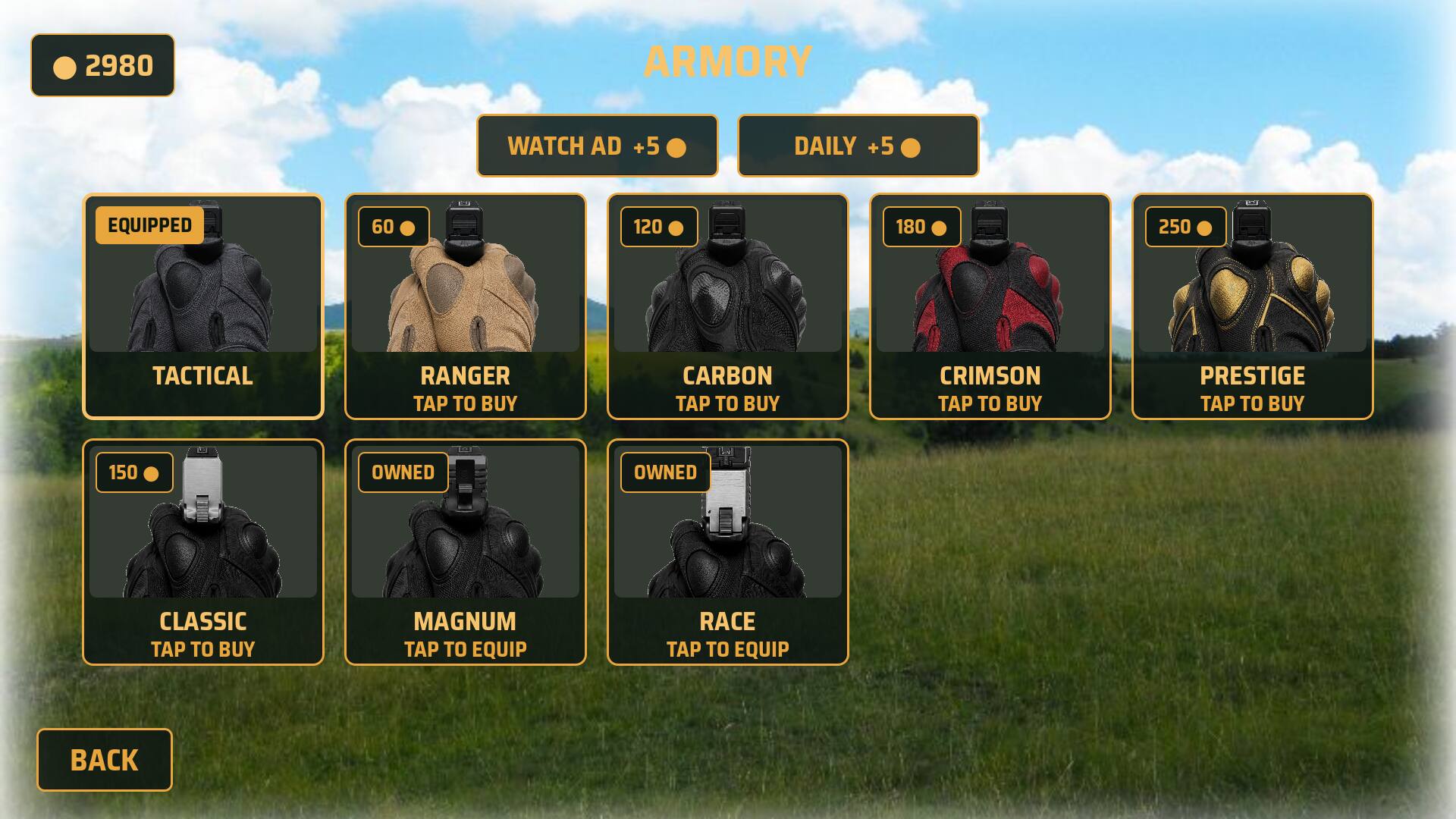 The Armory screen showing eight gun and glove sets, one equipped, two owned and the rest priced in tokens